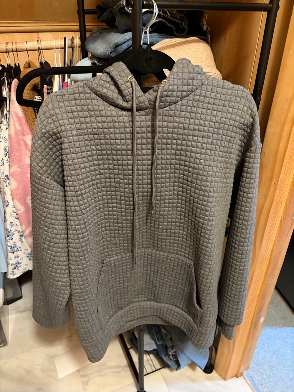 SHEIN Quilted Gray Drawstring Hoodie